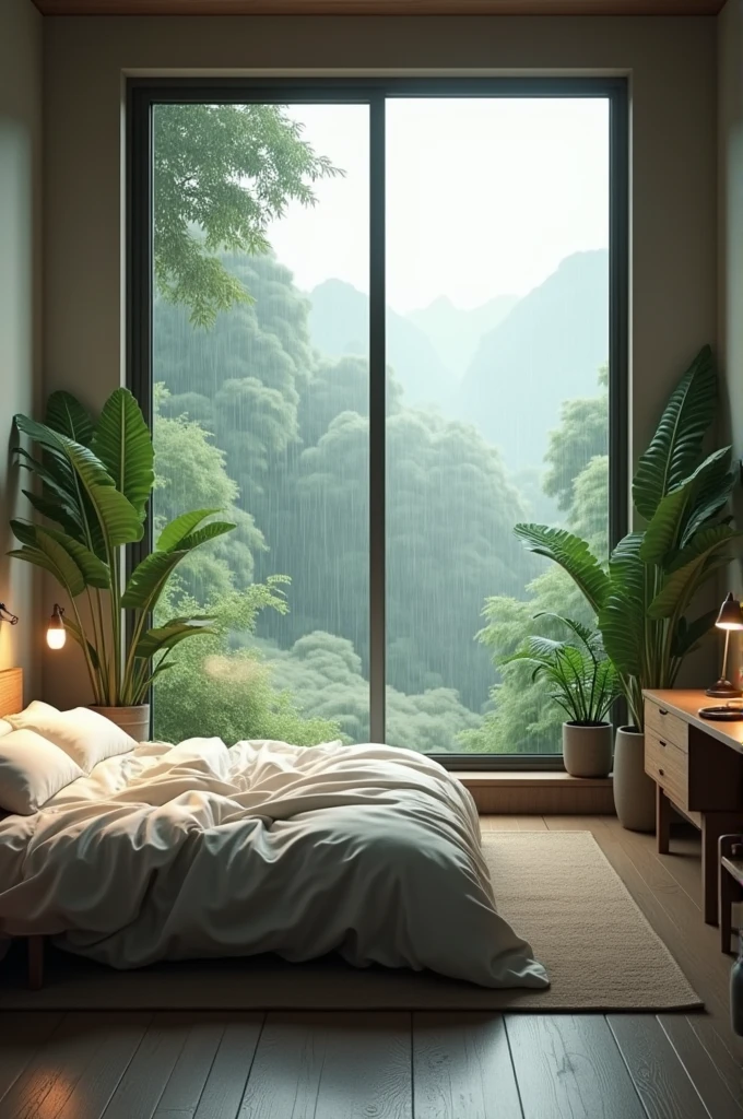 A beautiful bedroom with window outside raning