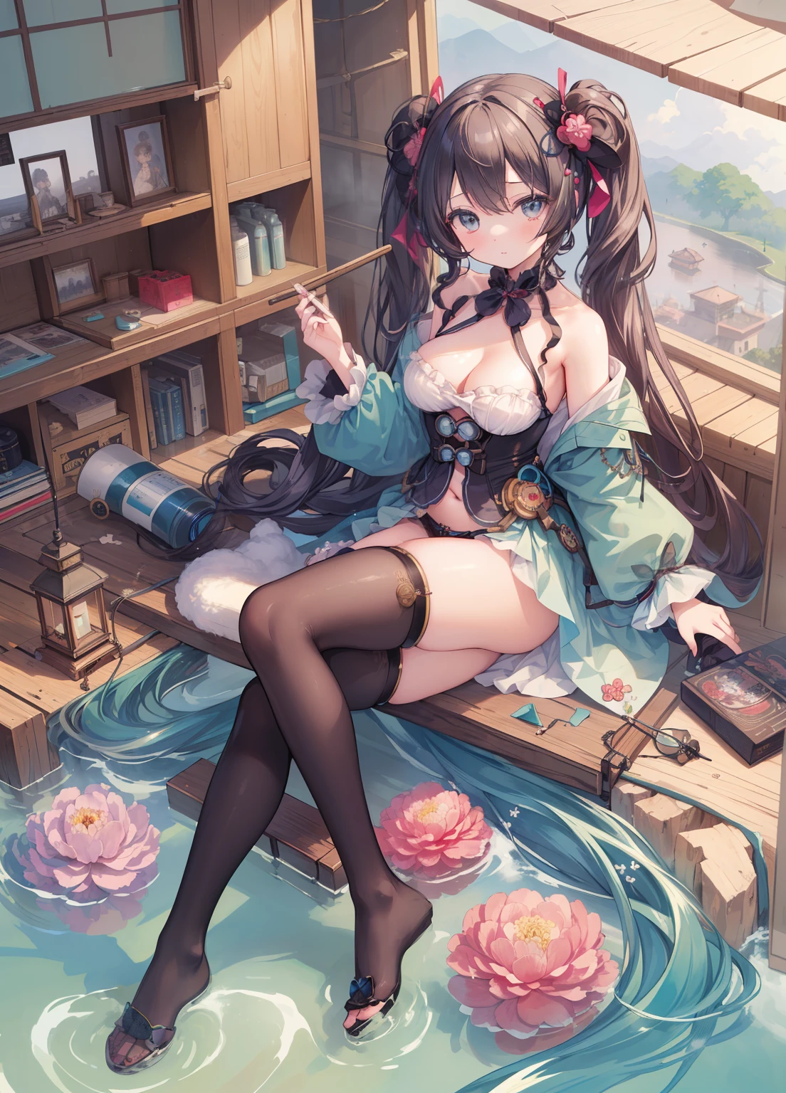 (masterpiece、Highest quality、Highest quality、Official Art、Beautiful and beautiful:1.2)、(One person:1.3)Hatsune Miku、Twin tails,Beautiful , Katsushika Hokusai,steampunk。One Girl。engineer。I'I'm sitting in a very small cockpita very small submarine..。is nervous。smile。