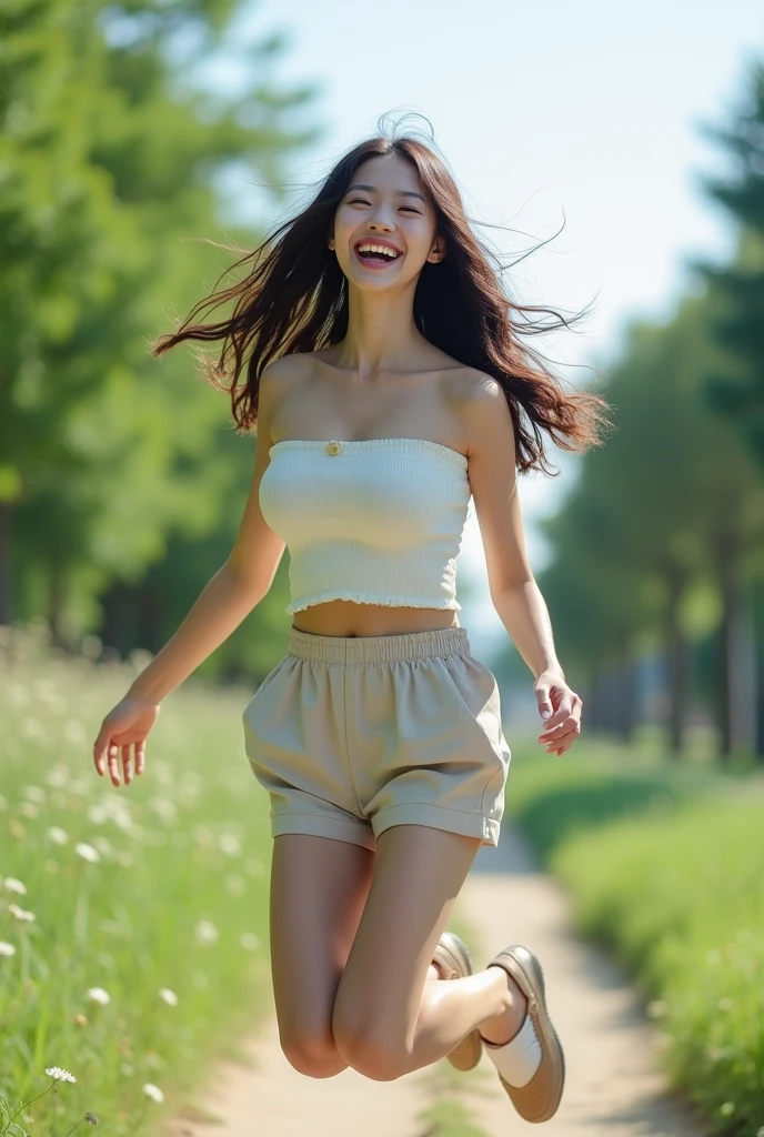 full body,jumping,(laugh:1.3),smile,8k uhd,RAW photo,a japanese beauty girl,large breasts,large breasts,(real person:1.3),(highres:1.4),(detailed:1.5),(realistic:1.7),masterwork,RAW photo,art portrait photography,real person,at outdoor