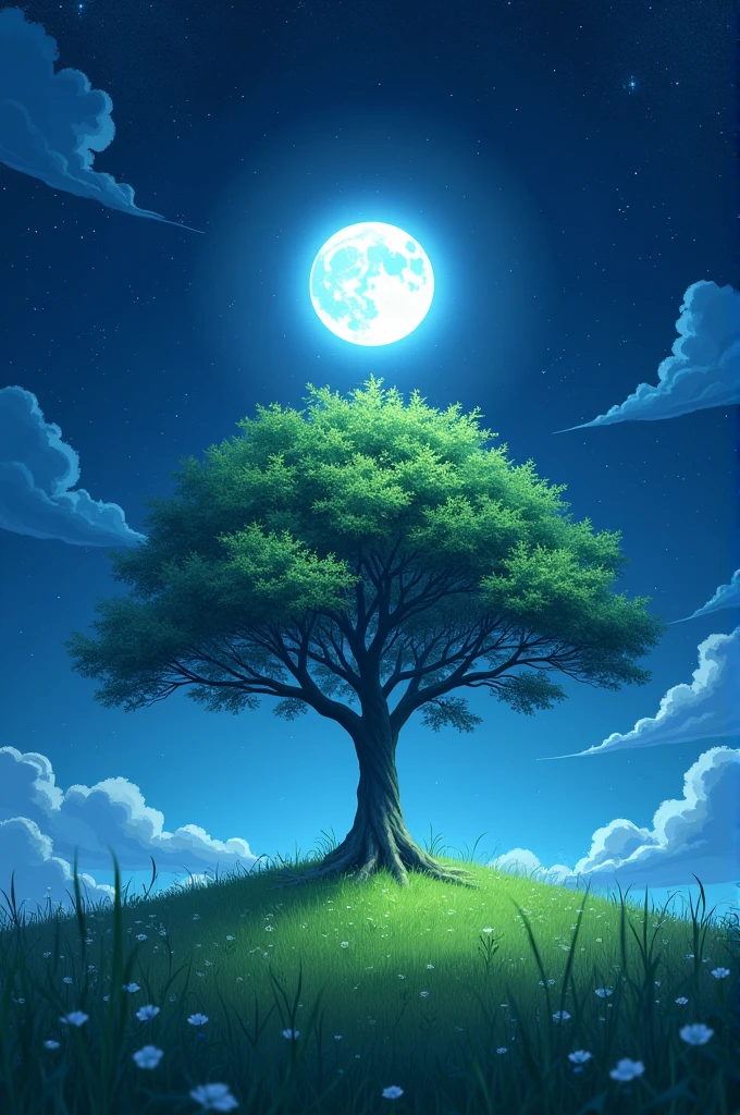 A beautiful tree on grasslands at night starts with shining moon anime style