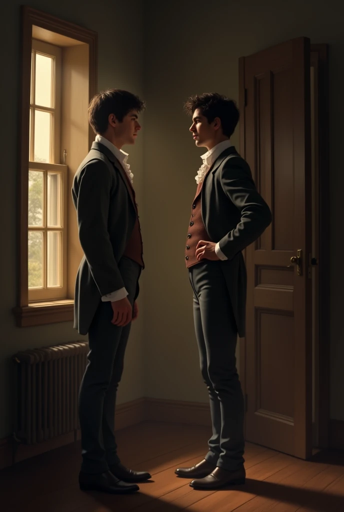 Two twin brothers with black hair and eyes, talking in a room, one next to the window and the other next to the door. Both dressed in 1824 in an informal and evening outfit