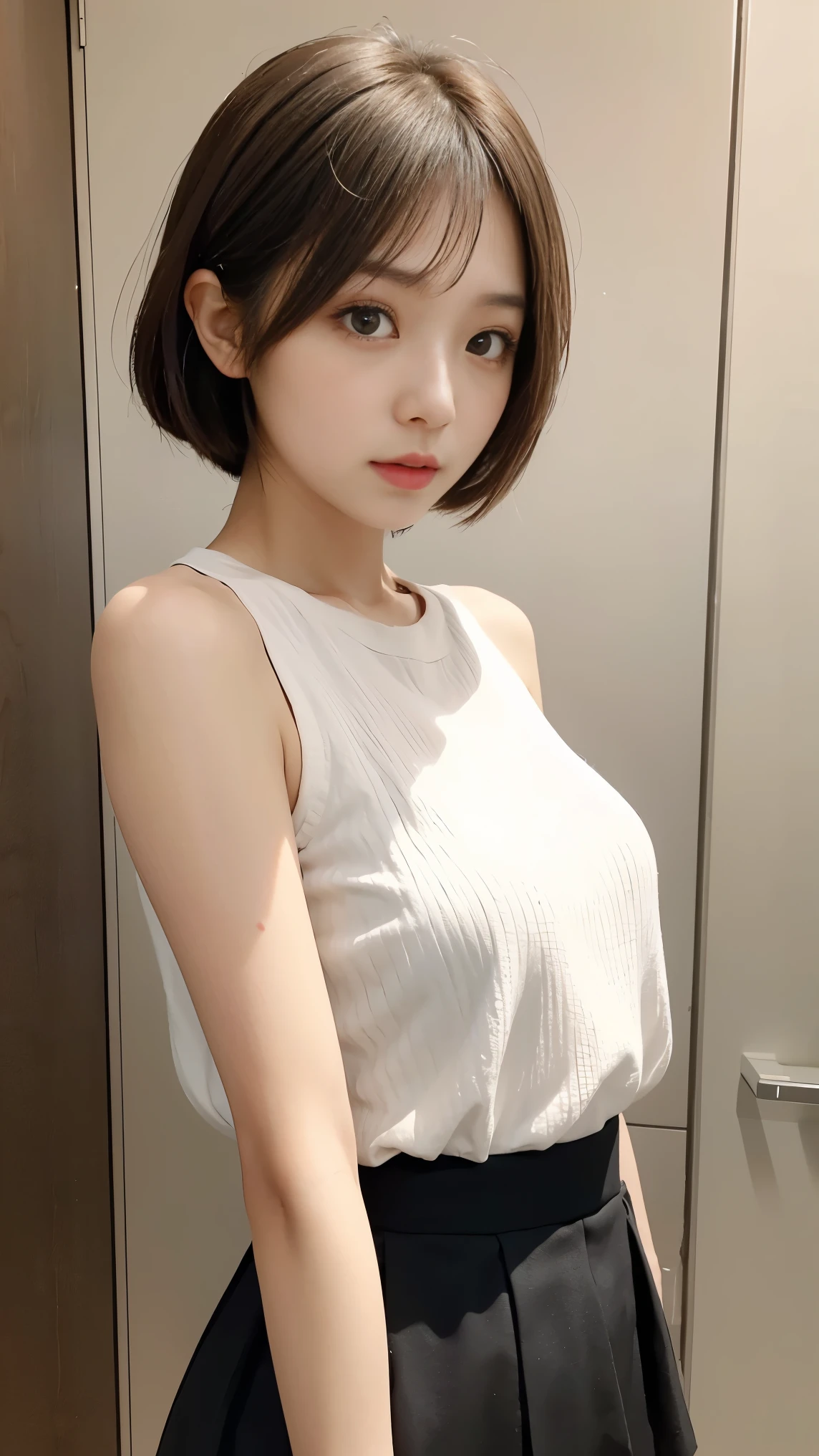Generates a close-up image of a cute Japanese girl staring at you with a seductive look。She is wearing a sleeveless top and a tight mini skirt.、like々Enhances the stylish look.。Hair is a trendy color(for example, Light brown or blonde)Dyed、It's a loose and playful wave..。In the background、The painting depicts a vibrant urban landscape characterised by soft, blurred and colourful light..、Highlight her features。The makeup is perfect、In line with the latest trends.、To bring out her charm、Special focus on eyes and lips.。have confidence、She has a slightly mysterious look、It's full of charm and fun.。The sleeveless top and mini skirt suited her perfectly..、Showing off her curves and fashionable style、Keep the look modern and attractive。