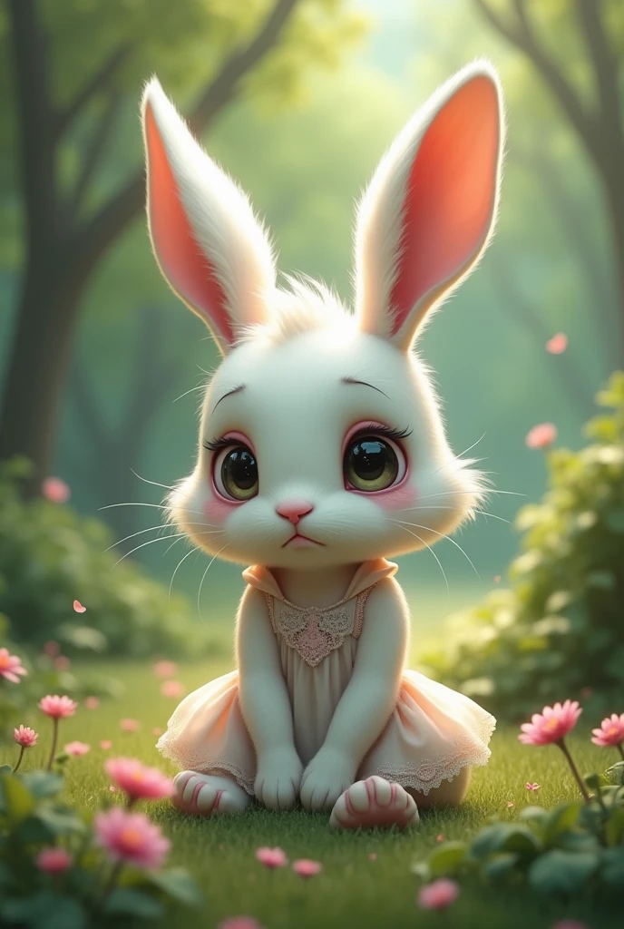 A little white bunny wearing female clothes crying in a park