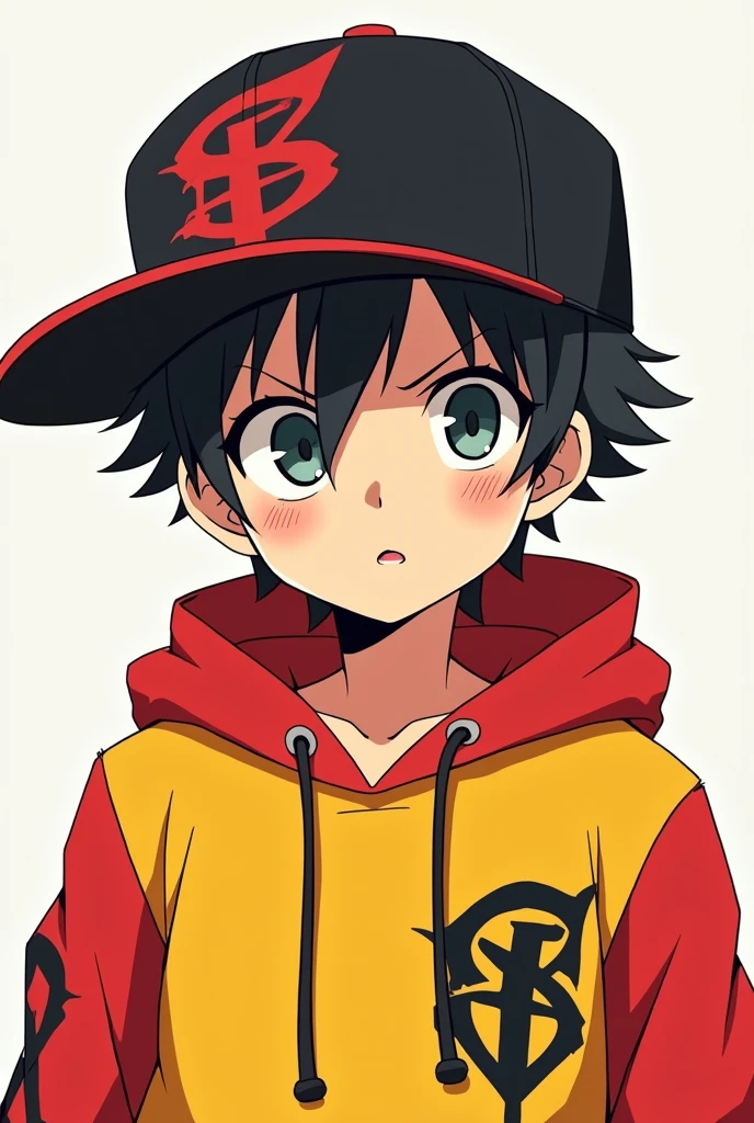 A cut anime boy with black and red cap and wear yellow and red hody logo