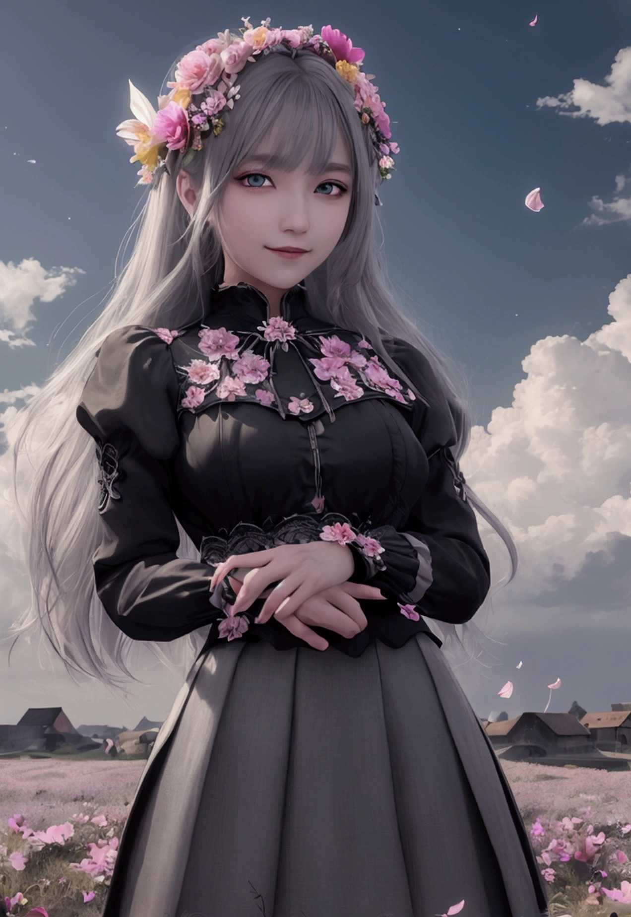 masterpiece, Highest quality,, One girl, (colorful),(Beautifully detailed eyes and face),cinematic Lighting,Bust Shot,Highly detailed CG Unity 8k wallpaper,Gray Hair,alone,smile,Complex skirt,((Flying petals)),(Flowery meadow), null, cloudy_null, building, moonLight, moon, night, (Dark Theme:1.3), Light, Fantasy,