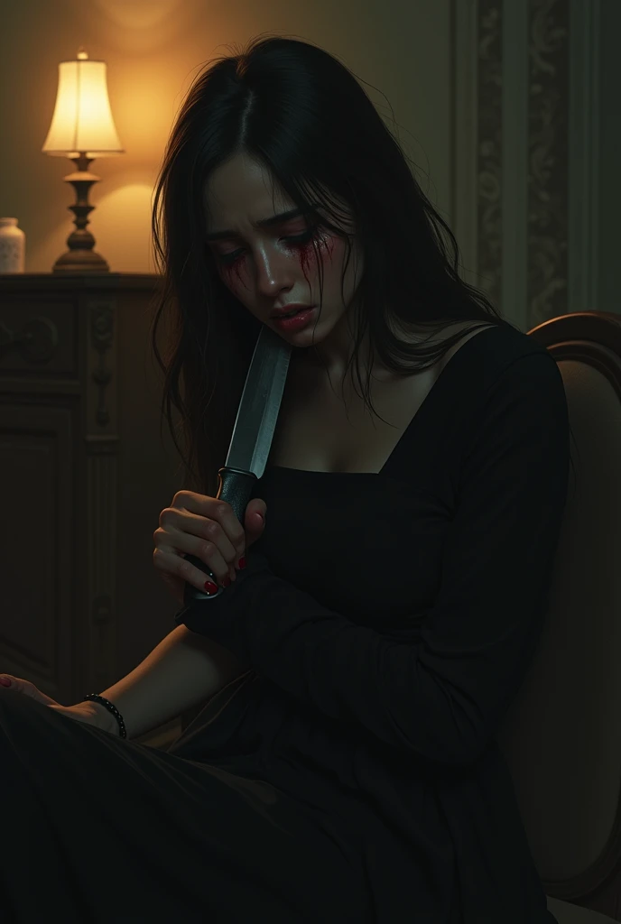 The women along siting in a dark room and his crying background like a dark room with some warm Yellow light his waring a black dress and his ready to cut his hand with knife