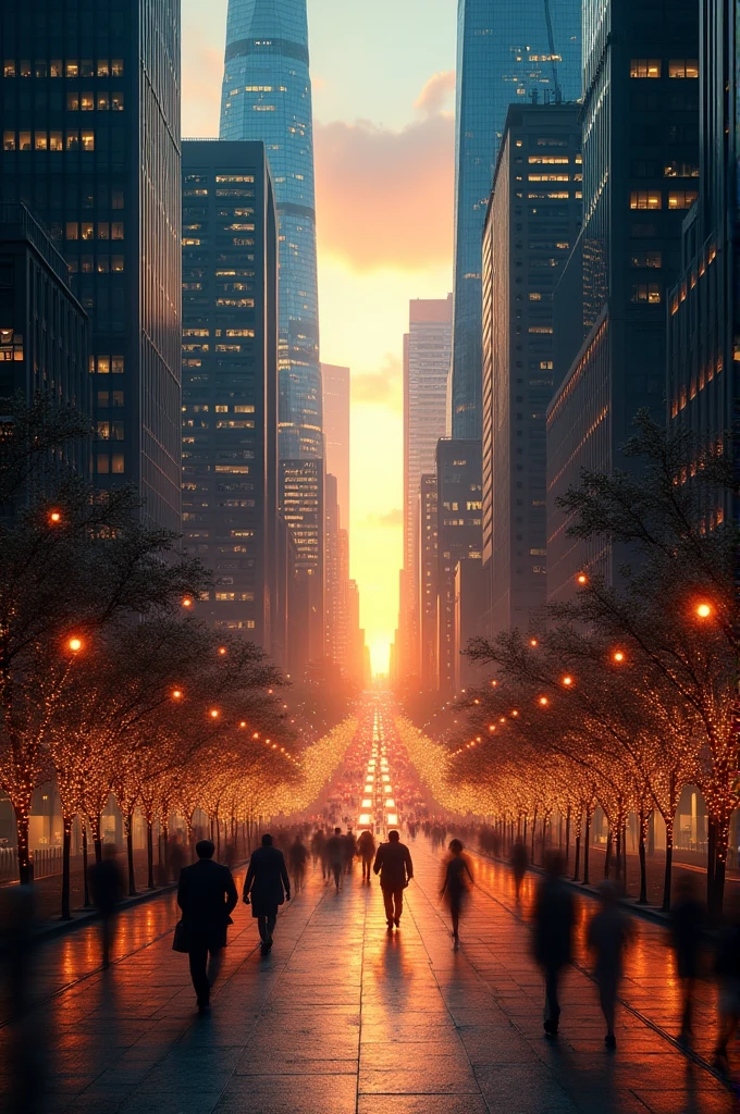 Create a video highlighting the beauty of the city, featuring vibrant sunset lighting, towering skyscrapers, and sparkling streets. Capture the city's hustle and bustle, the twinkling lights, and the stunning night-time cityscape in an engaging and visually appealing way."