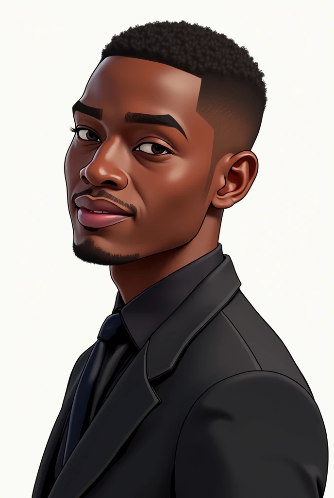 Une jeune homme africain, aux cheveux coupé et à l'expression un peu souriant portant un haut de costume noir sur fond blanc; style illustration