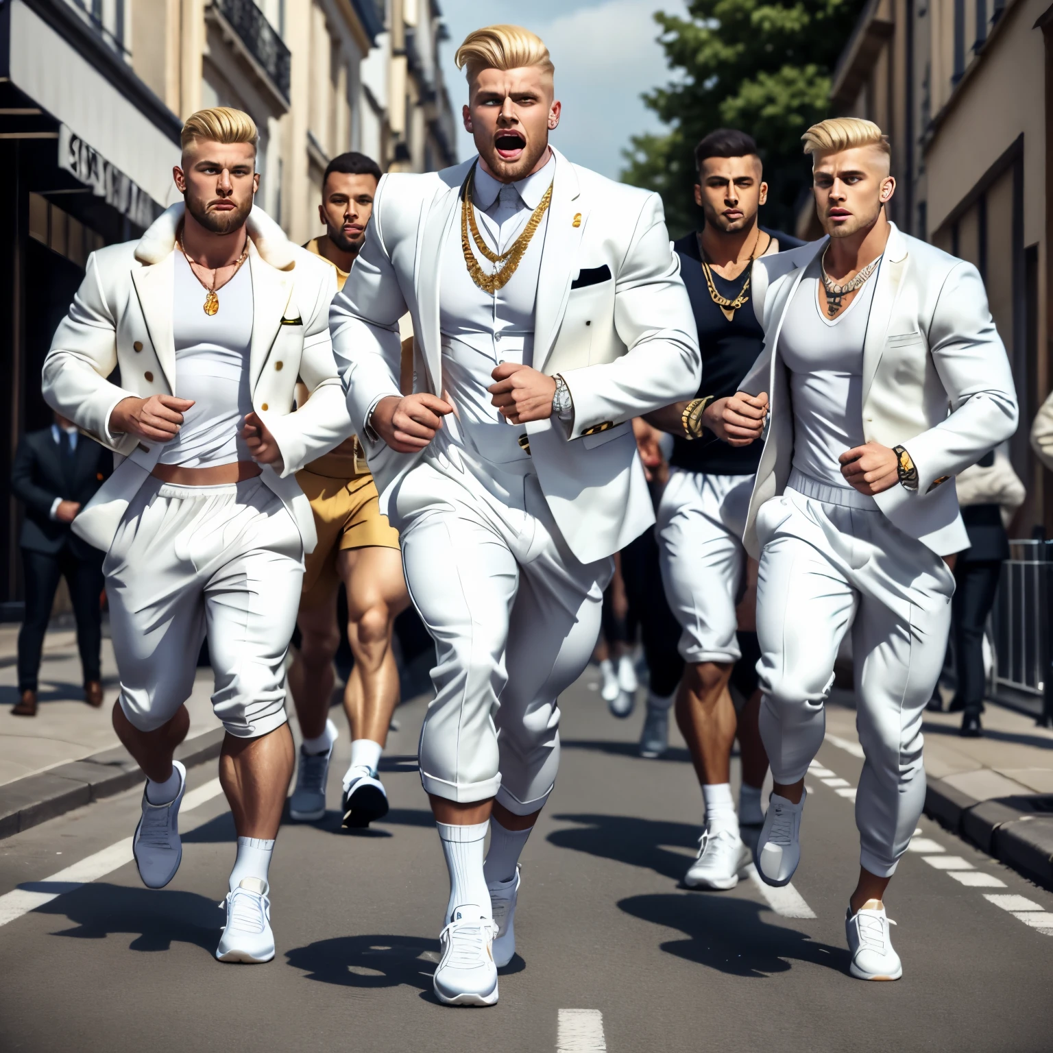 full view, full body, A rich white man with blonde undercut haircut, wearing a large white fur coat, dapper white suit, white dapper patent shoes and white sheer socks, golden rings, bracelets, necklaces, looking terrified, screaming, running towards from 4 angry young scally lads in adidas various trackies and airmax chasing him, at night in streets of suburbia near Paris