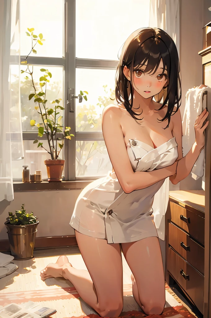 masterpiece, best quality, (Attractive woman), 2, medium length hair, straight hair, bangs, model, large breasts, brown eyes, naked towel, random pose, her room