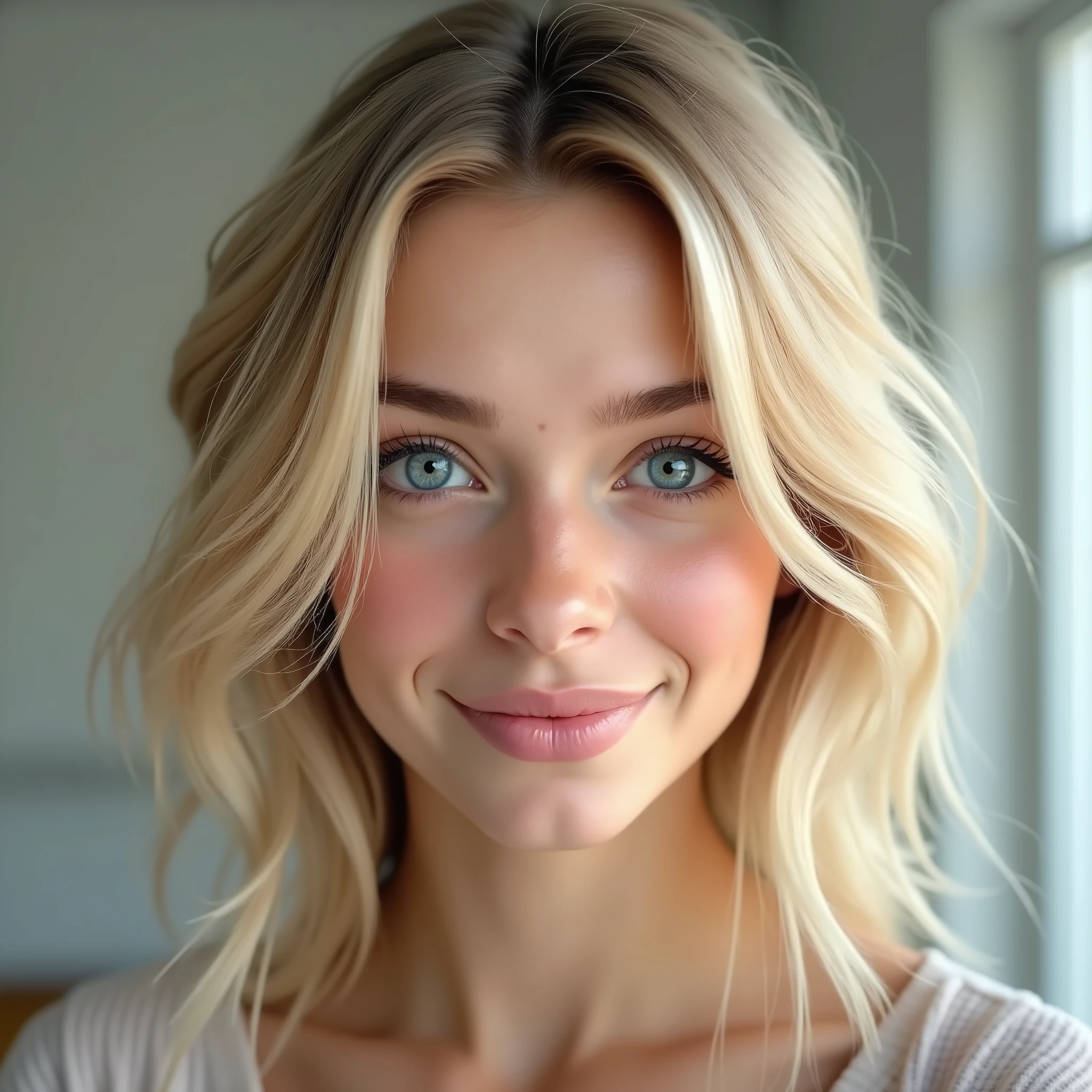 (photorealism:1.2),Create a realistic avatar of a young 20-year-old girl with blonde hair and blue eyes. The girl should have a modern and attractive appearance, with a friendly and relaxed expression. Make sure the avatar style is realistic, Capturing details in skin texture, the vibrant color of the eyes, and the natural shine of blonde hair. The background should be plain or blurred to keep the focus on the avatar&#39;s face..