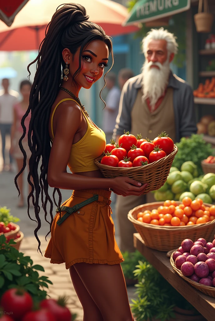A beautiful young woman who weaves Rasta lentils is selling tomatoes, onions, cabbage, carrots and many vegetables in front of her ia young woman holding a basket full of tomatoes wearing a very short and thick skirt with a big buttocks behind her is an old man with long white Beard holding his wondering at the girl in the market