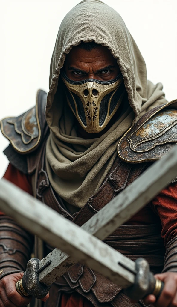 ((Cloth)), ((armor))((Bone mask)) (highly detailed skin: 1.2) Close-up of a man wearing a hat and mask, Infinity Blades concept art, Infinity Blades-armor, Schulterpanzer, Warrior Concept Art, Mortal Kombat Characters, 8 KUHD, dslr, soft lighting, good quality, Film texture ((Amateurfoto)), White background