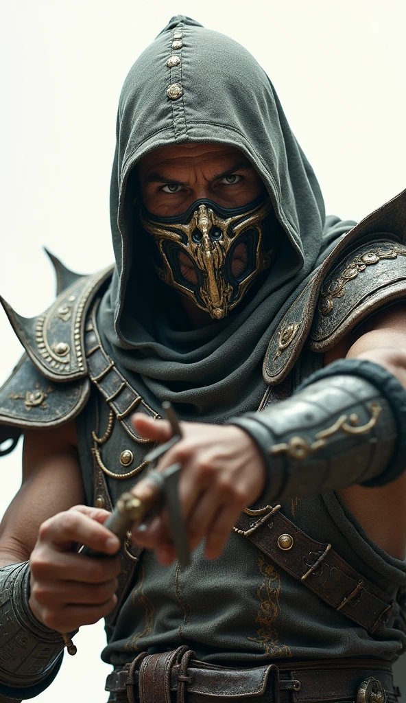 ((Cloth)), ((armor))((Bone mask)) (highly detailed skin: 1.2) Close-up of a man wearing a hat and mask, Infinity Blades concept art, Infinity Blades-armor, Schulterpanzer, Warrior Concept Art, Mortal Kombat Characters, 8 KUHD, dslr, soft lighting, good quality, Film texture ((Amateurfoto)), White background