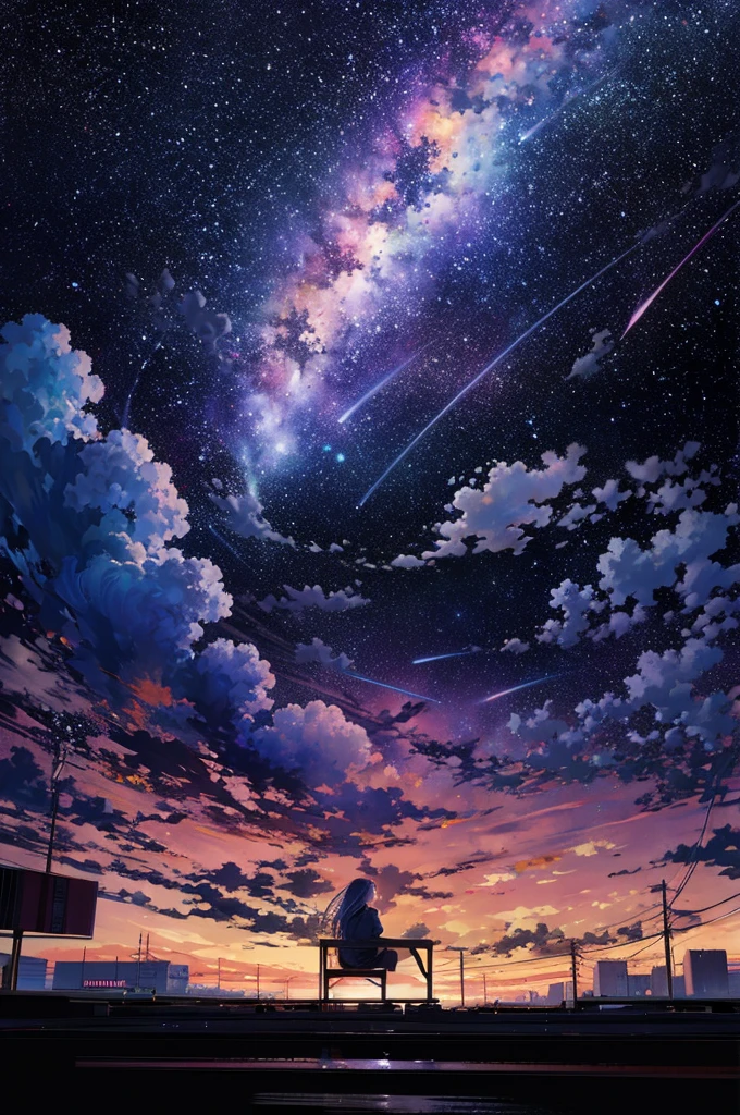Octane, null, star (null), scenery, starry null, night, One girl, night null, alone, Outdoor, building, cloud, milky way, Sitting, wood, Long Hair, city, silhouette, cityscape
