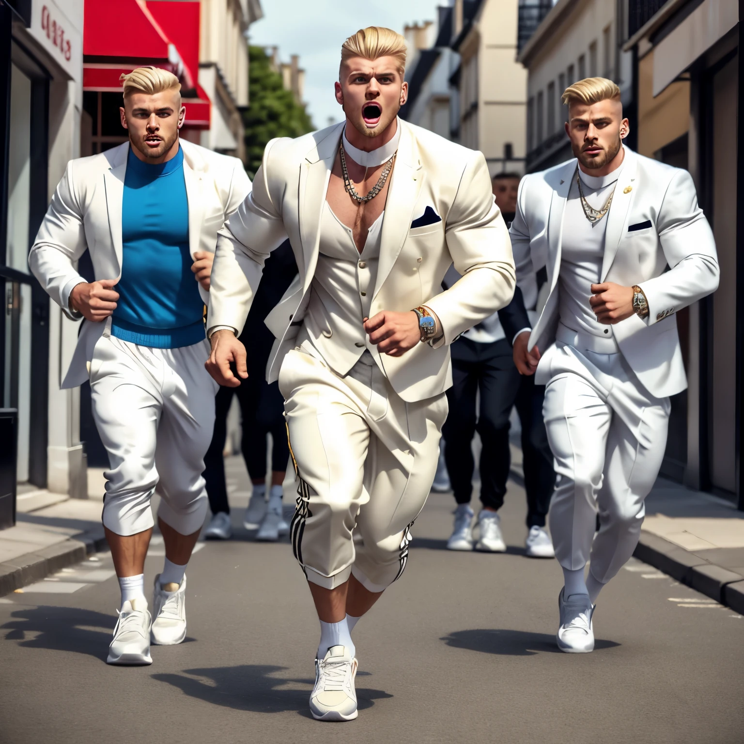 full view, full body, A rich white man with blonde undercut haircut, wearing a large white fur coat, dapper white suit, white dapper patent shoes and white sheer socks, golden rings, bracelets, necklaces, looking terrified, screaming, running towards from 4 angry young scally lads in adidas various trackies and airmax chasing him, at night in streets of suburbia near Paris