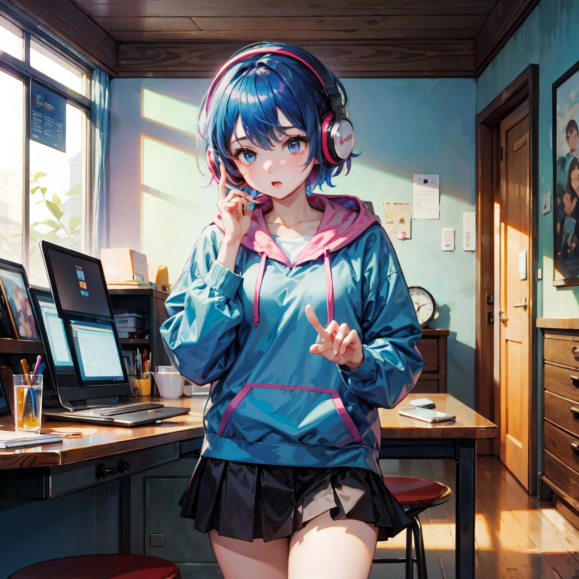 Highest quality、4K wallpaper、masterpiece、Very detailed、CG、Unity、8k wallpaper、Very fine grain、Complex、One Girl、Retro art style、Pop Art Style、Girl wearing a hoodie、Girl with headphones around her neck、Girl wearing skirt、、Shortcuts、Navy Blue Hair、Chill、Chill、Emotional、emotional、5Finger、indoor、Xin Haicheng