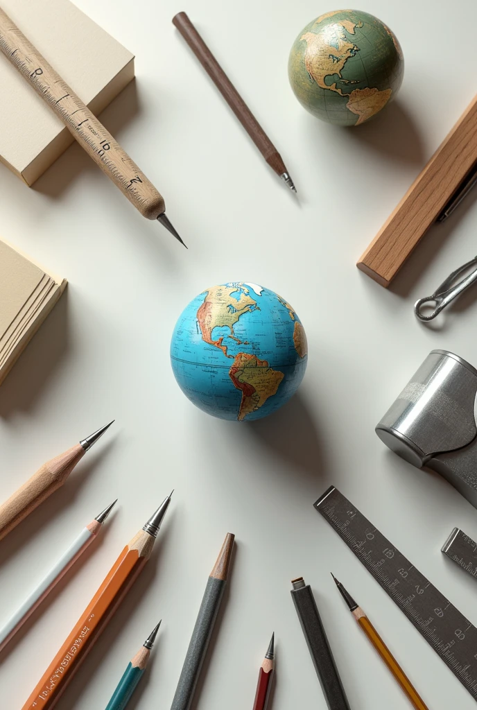 An image with small photos of the earth model, pencil, pen, book, ruler and engineering tools