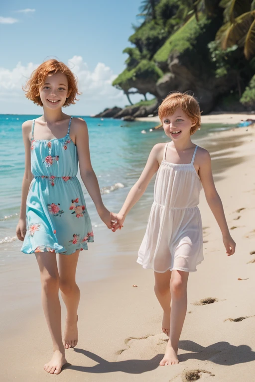 Very happy skinny young kids with short ginger hair, dressed in light short summer-dresses, play with swim ring at Ile-Tudy beach