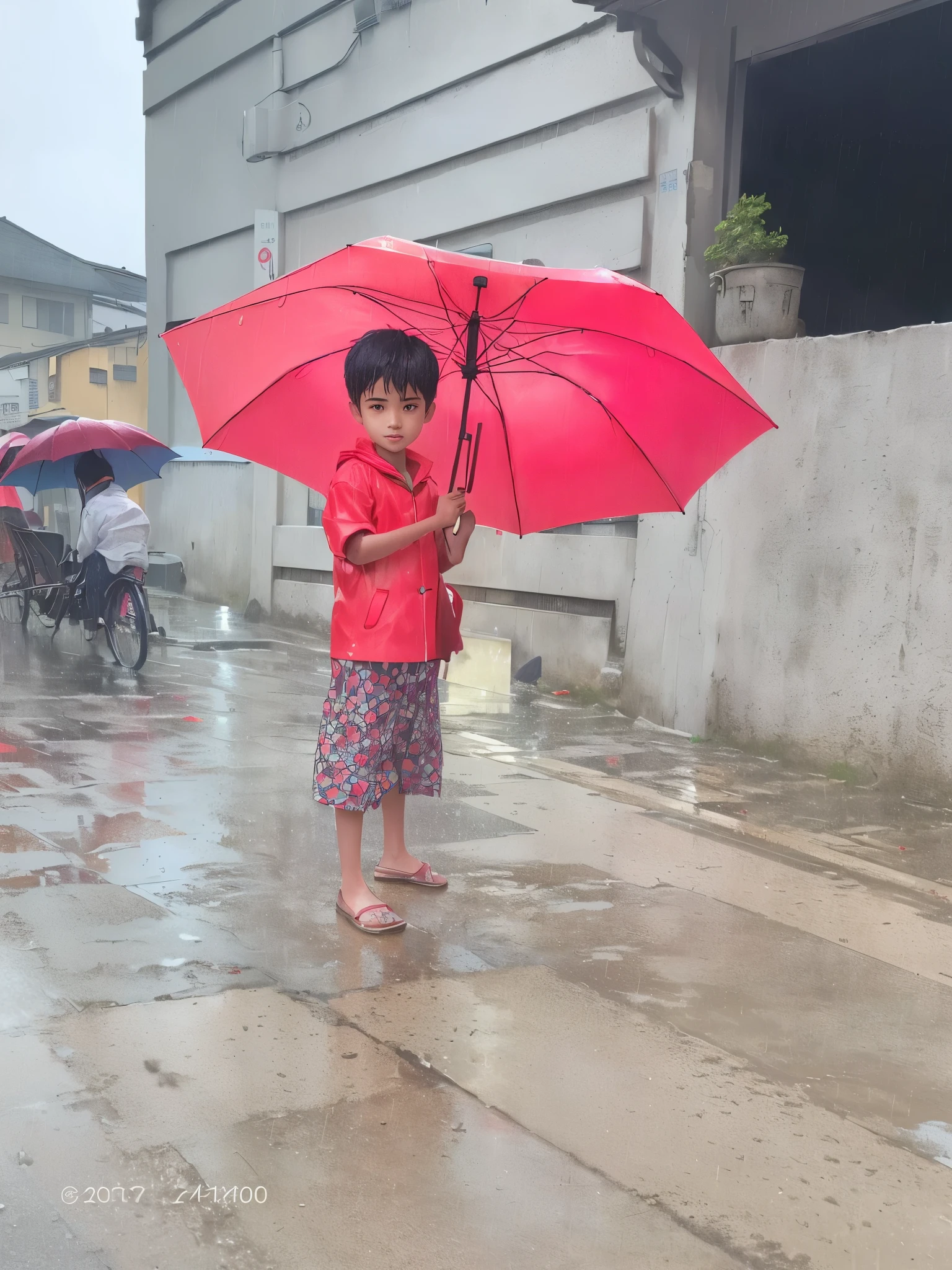 a young boy holding an umbrella on the street, holding red umbrella, it is raining heavily, red umbrella, holding umbrella, holding an umbrella, holding a umbrella, at evening during rain, very very low quality picture, umbrella, day after raining, it is raining, standing in township street, ayan nag, standing with a parasol, after rain and no girls