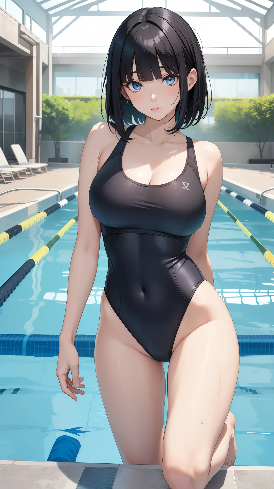 Highest quality, flying debris、Beautiful woman、Black Hair、(Dark blue eyes、Blunt bangs、Blunt bangs)、short hair,Full Body Shot、break(Swimsuit:1.2)、break(((Indoor Pool))),Big Breasts