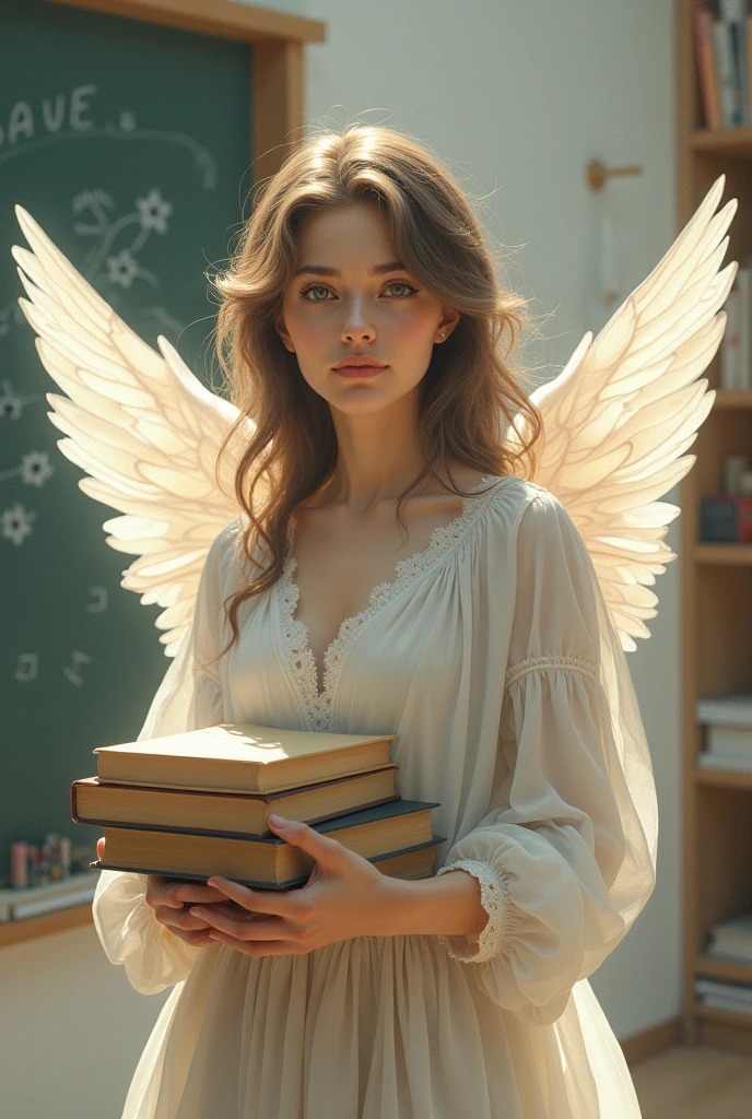 Teacher as an angel it should be creative beautiful and look like a drawing...
She should look like a teacher with some books in hand
