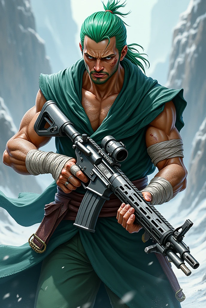 Image of roronoa zoro with m416 glacier with bandages on his hand in blood
