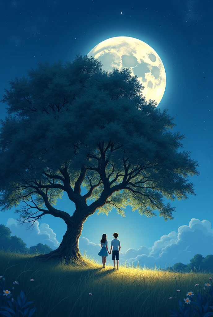 A couple A beautiful tree on grasslands at night starts with shining moon anime style