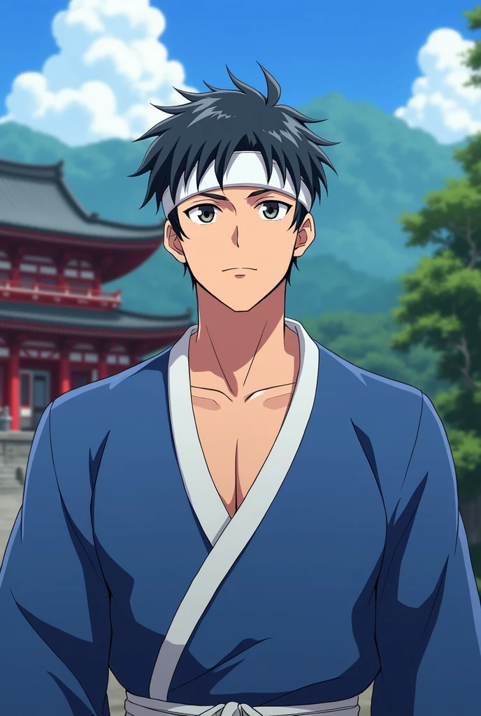 anime、Photographer's POV、Chest to head、looking at the camera、male、35Age、Muscular build、Square face、Round Nose、short hair、No bangs、Black Hair、Blue Jinbei、White headband、Visiting a temple