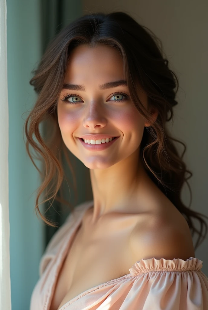 Beautiful brunette, who wears a belle robe (22 ans, visage innocent, naturally wavy hair, blue eye),( avec un selfie du haut du corps souriant , best quality, ultra-detail.