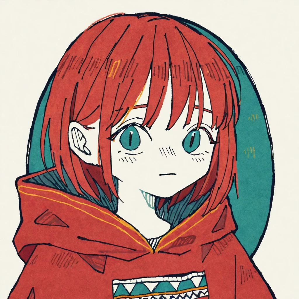 by tsvbvra, 1girl, solo, short hair, Masterpiece, simple background, red poncho, red hair,simple background,, simple background, oval-faced