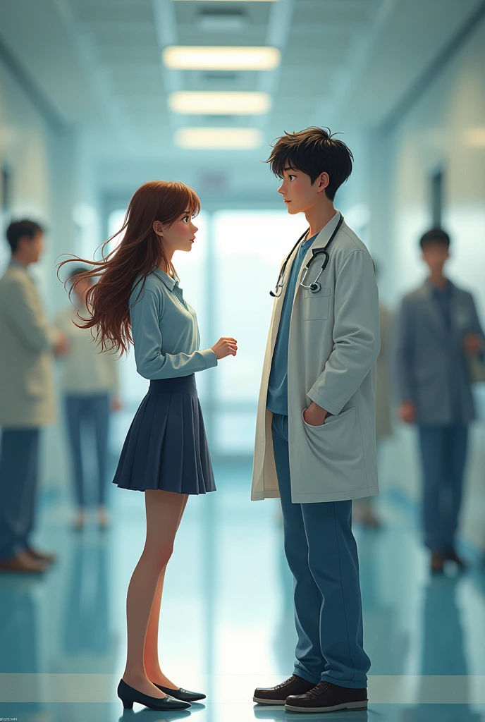 A young woman accidentally bumps into a male medical student at a hospital and feels shy.