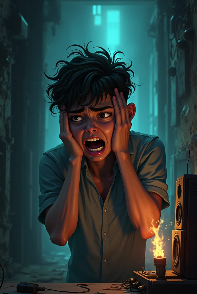 A person cringing and covering their ears as they hear a loud, jarring sound coming from an old, noisy speaker. The expression on their face shows discomfort and irritation, while they try to block out the harsh, grating noise. The background features a chaotic, dimly lit room with the old speaker blaring at full volume, emphasizing the unpleasant sound.