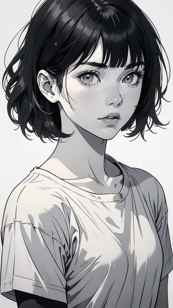 1 boyish girl, solo, sharp eyes, monochrome, greyscale, shoulder length black bangs hair, portrait, (blank white T-shirt), Thin eyebrows, closed mouth, looking at viewer, detailed lips, hatching \(texture\), without makeup, upper body, (best illustration), (best quality), (very detailed), (masterpiece), expressionless,