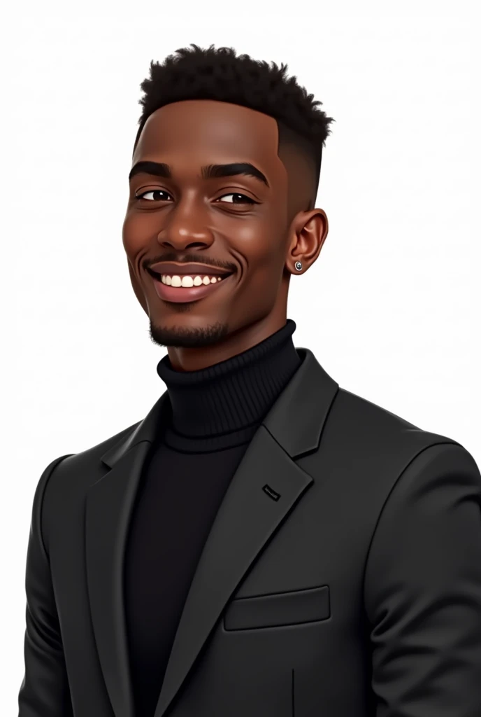 Une jeune homme africain, aux cheveux coupé et à l'expression un peu souriant portant un haut de costume noir sur fond blanc; style illustration réaliste