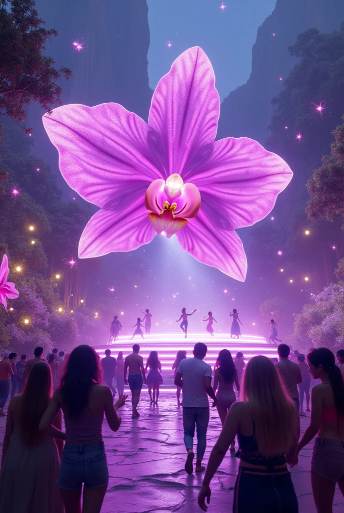 stage of a rave party shaped like a giant purple orchid in a utopian and magical world where people celebrate life dancing and smiling