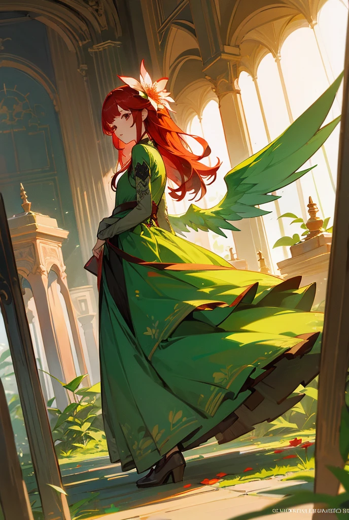 ada with a flower cage In the south with a red hair with a dress made of a flower Green wings grass weddings
