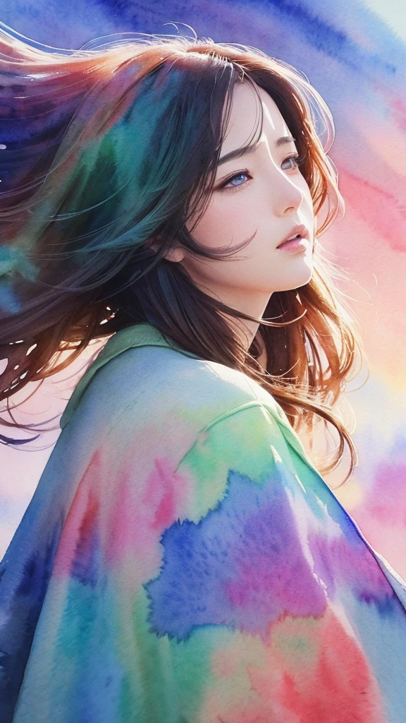 wtrcolor style, Digital Art (Yuri), Official Art, Blowing in the Wind, masterpiece, beautiful, ((watercolor)), Paint splashes, Intricate details. Amazing details, [Dripping:0.5], Trending on Art Station, Rachel Walker
