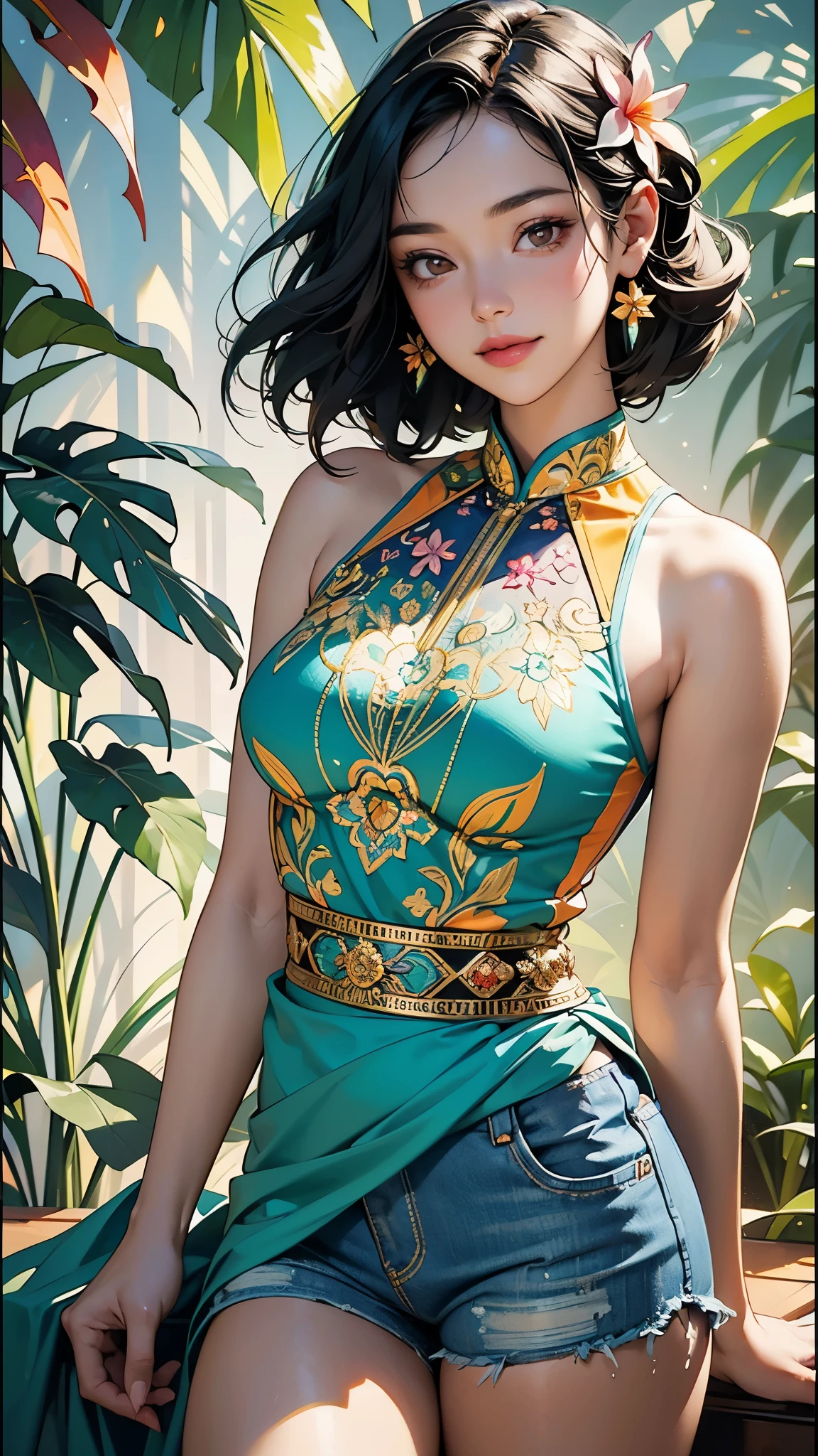 Vibrant art deco painting, upper body portrait. Thai woman wearing plumeria flower design t-shirt as and jean shorts, smiling, surrounded by lush tropical foliage. Splash art, early 20th century art nouveau. Delicate, intricately detailed plumeria flowers in her hair, multicolored locks flowing. Soft, warm volumetric lighting and misty atmospheric effects, with golden hour glow. Dynamic, triadic colors, orange and teal prominent, deep blues and purples in background. High contrast, hyper detailed textures, 8k resolution, Adam Hughes meets Alphonse Mucha, glowing ambient occlusion, Unreal Engine 5, Art Deco, maximalist, cinematic, detailed, meticulously crafted, ornate, intricate, excessive detail.
