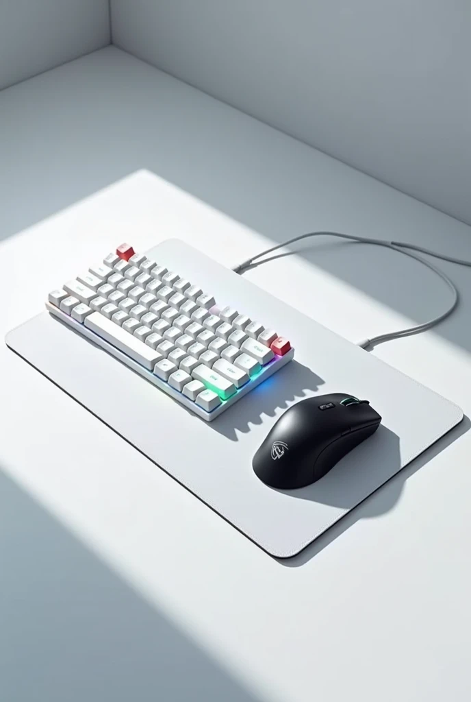 Gaming setup with white keyboard and black mouse and white mouse pad