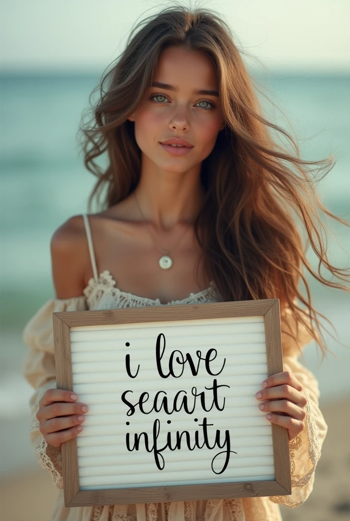 Beautiful girl with wavy long hair, bohemian dress, holding a white board with text "I Love Seaart Infinity" and showing it to the viewer
