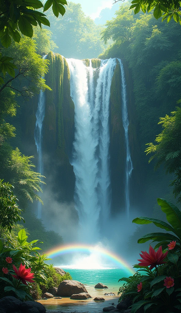 Create an ultra-realistic image of a majestic waterfall in a dense rainforest. The crystal clear water must flow down the moss covered rocks with force, creating a soft rainbow in the mist. The surrounding vegetation should be vibrant, with large green leaves and exotic flowers in various colors. Also include soft lighting that penetrates the treetops., casting shadows and enhancing the beauty of the environment."