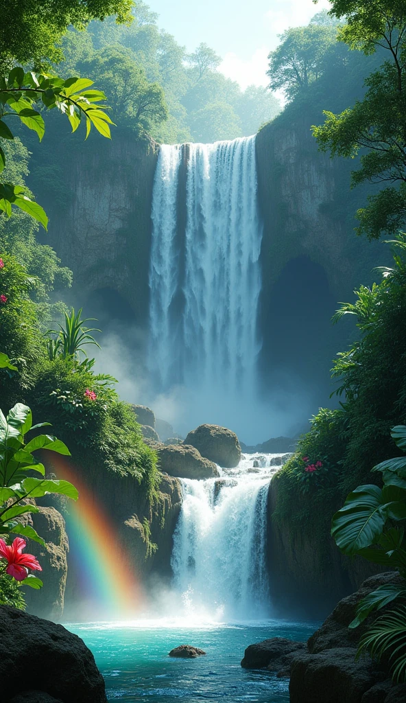 Create an ultra-realistic image of a majestic waterfall in a dense rainforest. The crystal clear water must flow down the moss covered rocks with force, creating a soft rainbow in the mist. The surrounding vegetation should be vibrant, with large green leaves and exotic flowers in various colors. Also include soft lighting that penetrates the treetops., casting shadows and enhancing the beauty of the environment."