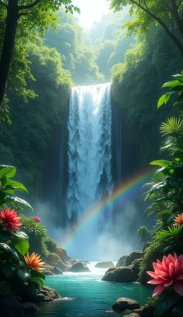 Create an ultra-realistic image of a majestic waterfall in a dense rainforest. The crystal clear water must flow down the moss covered rocks with force, creating a soft rainbow in the mist. The surrounding vegetation should be vibrant, with large green leaves and exotic flowers in various colors. Also include soft lighting that penetrates the treetops., casting shadows and enhancing the beauty of the environment."
