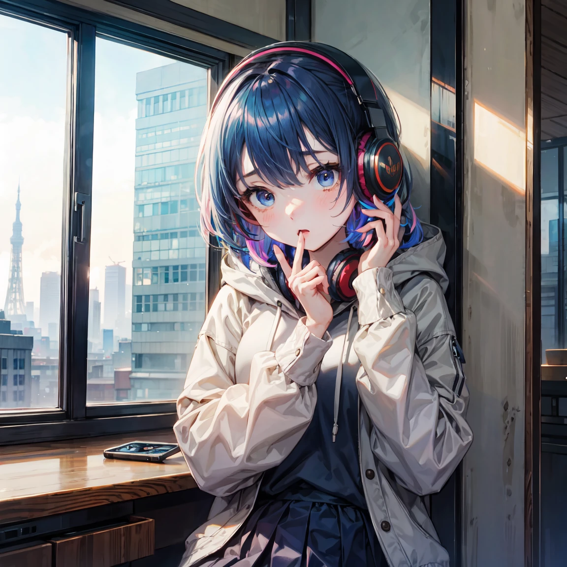 Highest quality、4K wallpaper、masterpiece、Very detailed、CG、Unity、8k wallpaper、Very fine grain、Complex、One Girl、Girl wearing a hoodie、Girl with headphones around her neck、Girl wearing skirt、、Shortcuts、Navy Blue Hair、Chill、Chill、Emotional、emotional、５Finger、indoor、You can see Tokyo Tower from the window、studying