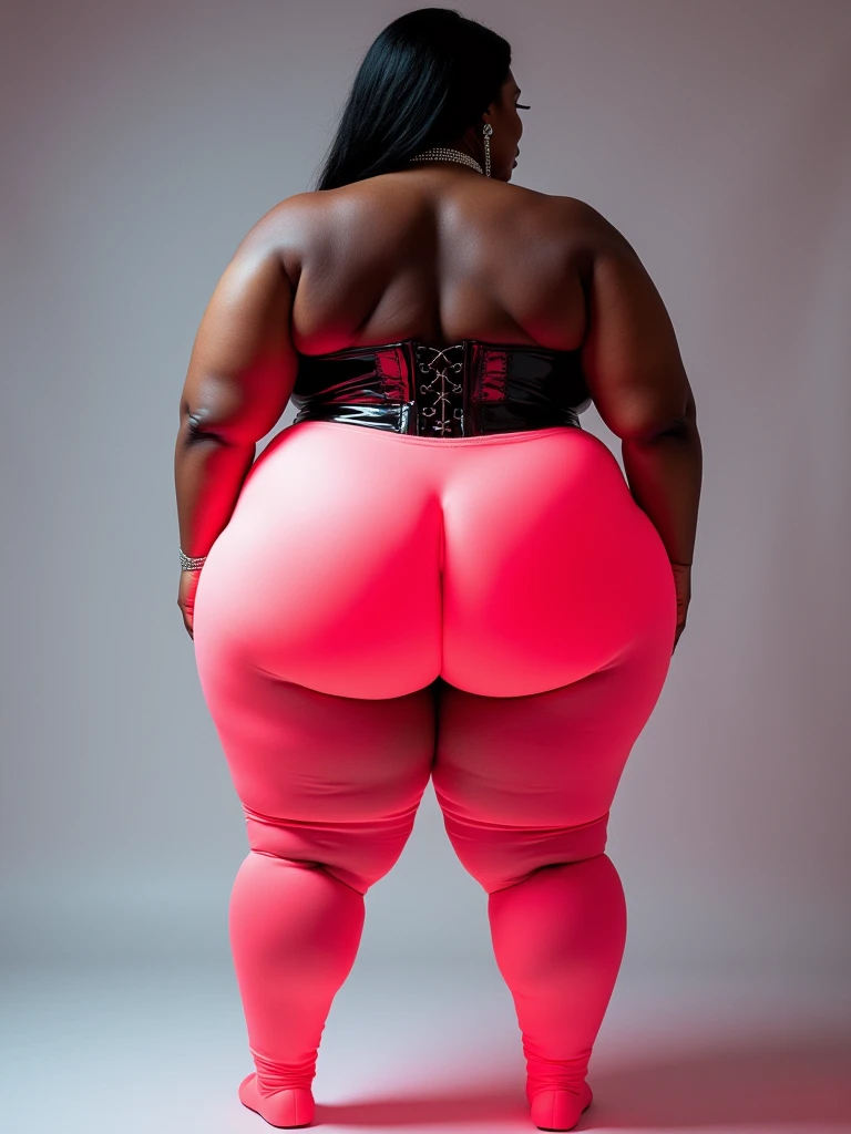 A sleek, bottom-heavy,  woman with a captivating silhouette, showcasing her voluptuous hips in neon leggings, strikes a powerful pose after winning the Big Booty Contest. This striking image, captured by a passionate photographer, showcases the woman's dark, radiant skin complexion in exceptional detail, with the location contrastingly random and serene. The high resolution of the image ensures a crisp and vivid visual experience, making it a true masterpiece in editorial photography.
