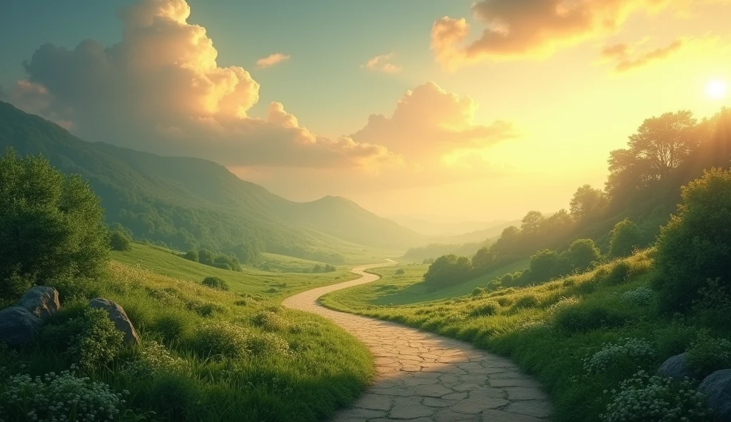 (photorealism:1.2), A serene landscape with a winding path symbolizing faith and guidance, illuminated by a warm, divine light, inspiring atmosphere, lush green scenery, soft clouds in the sky, an ethereal feel, intricate details, masterpiece, cinematic lighting, uplifting and hopeful mood, 4k resolution.