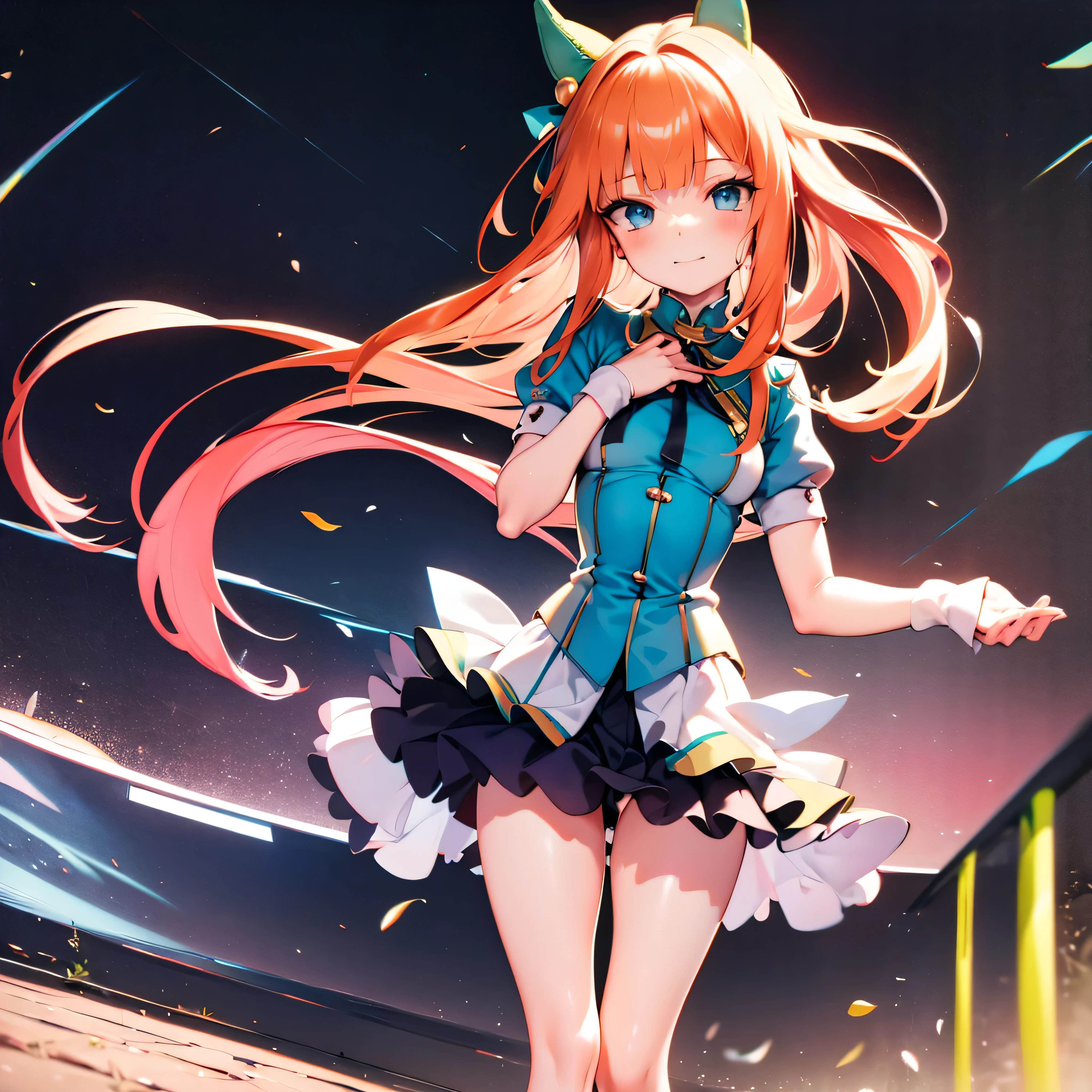 (solo), (1 skinny girl standing), Silence Suzuka, uma-musume, orange long straight hair, orange tail, BREAK, (skinny), short torso, (very skinny legs:1.3), (bursting perky breasts), swaying back, skinny small hip, skinny thighs, BREAK, too short skirt, thigh gap, BREAK, forced smile, orgasm, (nsfw:0.8), coverd erectile nipples, pussy juice, breast milk flowing down from nipples, lactation