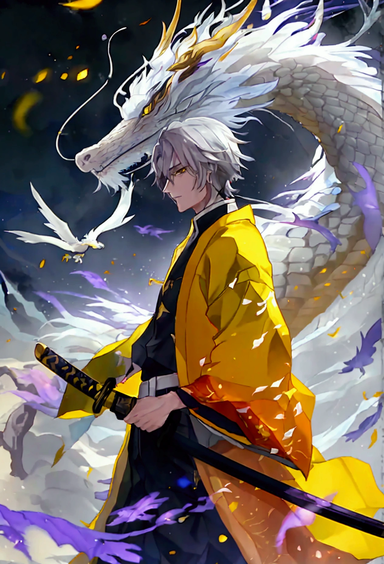 Male with Gray hair and yellow eyes handsome face and body. Holds a katana in his left hand while walking towards us. Dark fragments flying around him while a dragon flies in the sky. The background is white except he walks down purple steps which are flying and the dragon