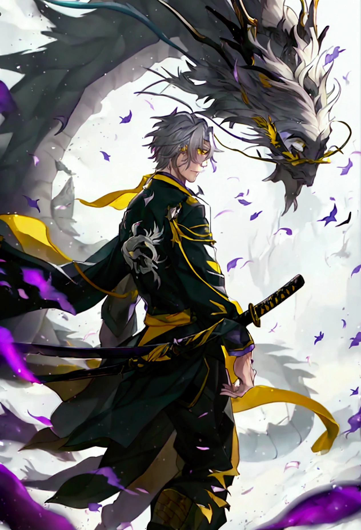 Male with Gray hair and yellow eyes handsome face and body. Holds a katana in his left hand while walking towards us. Dark fragments flying around him while a dragon flies in the sky. The background is white except he walks down purple steps which are flying and the dragon